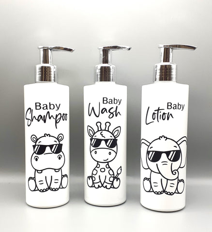 BUY A SET OF 3 FOR £10 Baby Bathroom White Pump Bottles, Safari Theme Bottles for Children- Reusable Dispensers 250ml