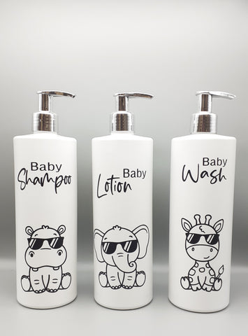 BUY A SET OF 3 FOR £12 Baby Bathroom White Pump Bottles, Safari Theme Bottles for Children- Reusable Dispensers 500ml