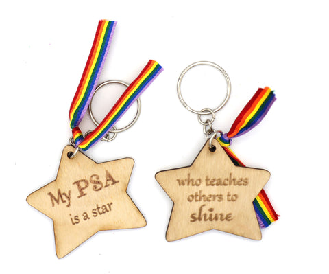 Double Sided "My PSA is a star" Keyring with Rainbow Ribbon