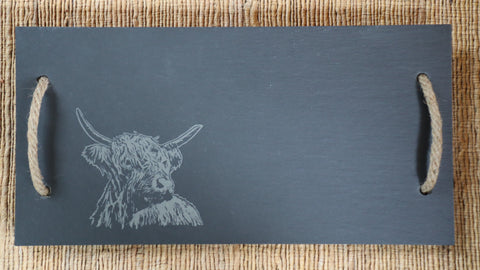 Highland Coo - Rustic Slate Serving Tray with Rope Handles
