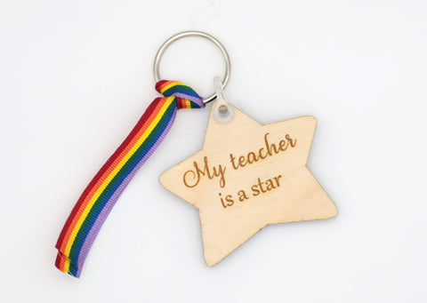 Double Sided "My Teacher is a star" Keyring with Rainbow Ribbon