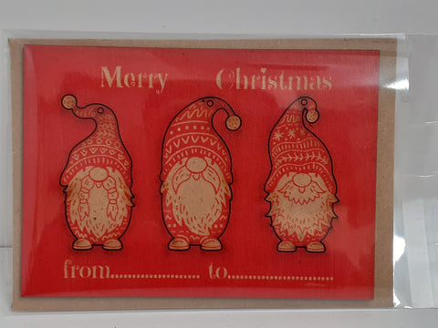 Personalised Wooden Christmas Card with 3 Christmas Gnome Decorations