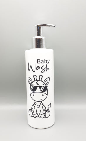 Baby Bathroom White Pump Bottles, Safari Theme Bottles for Children- Reusable Dispensers Baby Wash 250ml