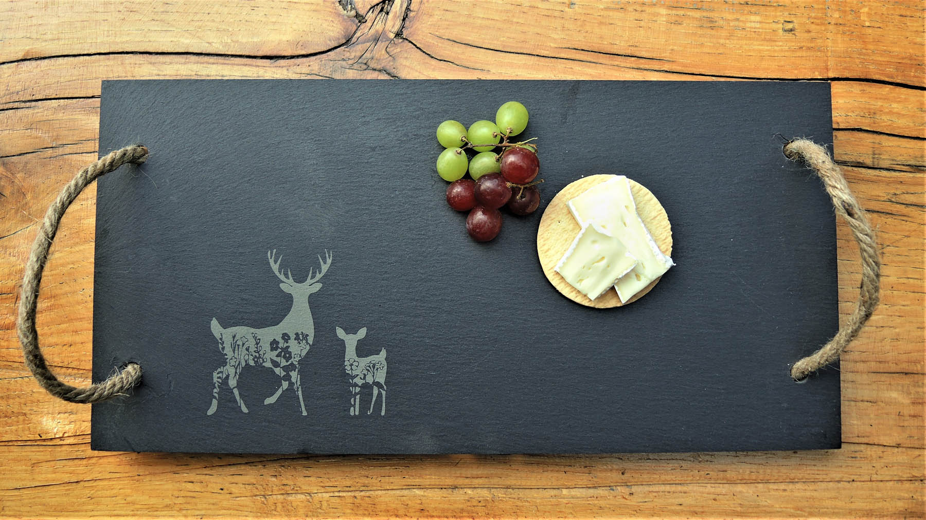 Floral Stag - Rustic Slate Serving Tray with Rope Handles
