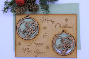Wooden Christmas Card With Christmas Tree Decorations