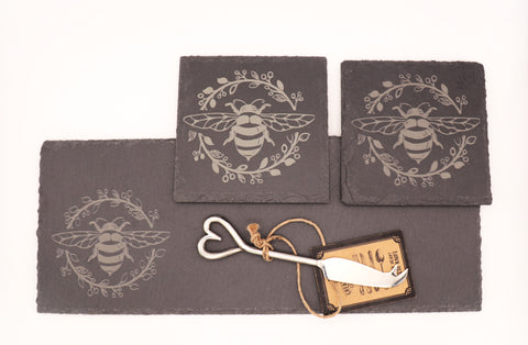 Bee Slate Serving Platter and Coaster Set With Cheese Knife