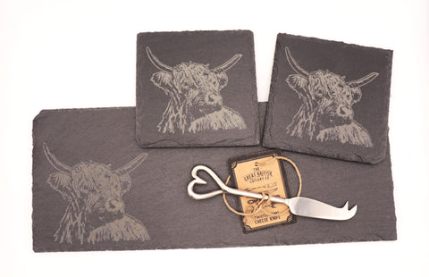 Highland Coo' Slate Serving Platter and Coaster Set With Cheese Knife
