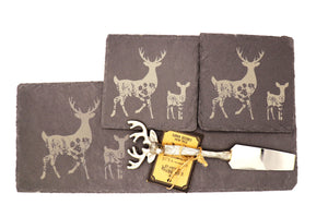 Floral Stag Slate Serving Platter and Coaster Set With Cheese Knife