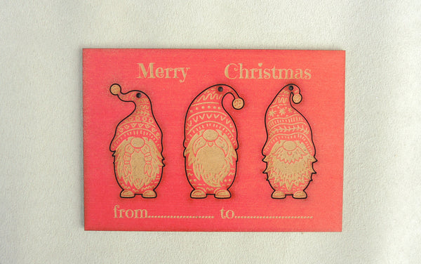 Personalised Wooden Christmas Card with 3 Christmas Gnome Decorations
